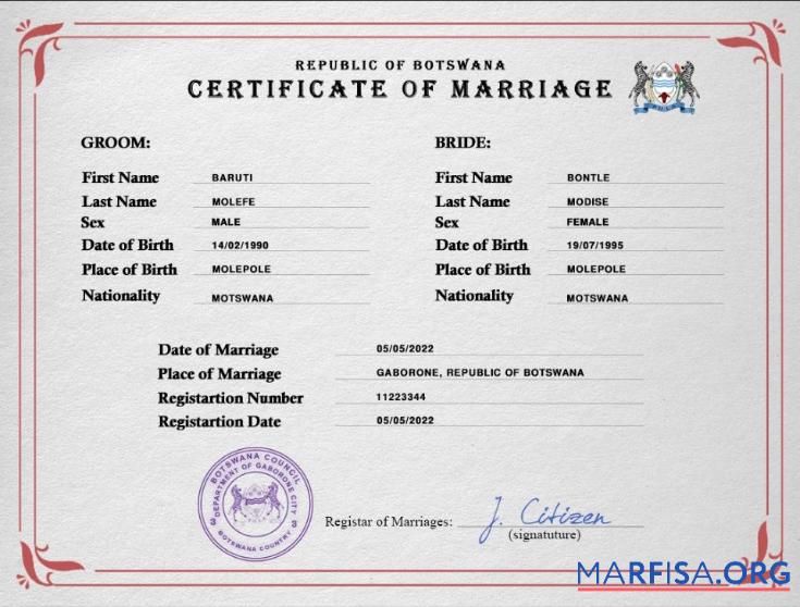 Downloadable Botswana marriage certificate PSD template